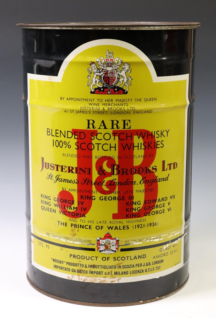 JUSTERINI & BROOKS WHISKY ADVERTISING BARREL: English polychrome metal advertising barrel, Justerini & Brooks Scotch Whisky, open top, approx 18"h, 12.5"diam, 3.9lbs Start Price: $30.00