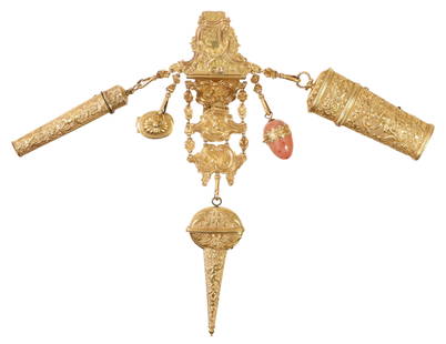 ENGLISH GILT-METAL CHATELAINE WITH NECESSAIRE: Estate lady's gold-plated chatelaine, maker's mark T.L, likely English, in the Rococo taste, formed of four connected panels, decorated with repousse putti, rocaille and c-scrolls, five loops