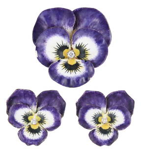 (2) ESTATE 14KT ENAMELED & DIAMOND PANSY JEWELRY: (lot of 2) Estate 14kt gold and diamond enameled purple pansy jewelry, each piece set with a small diamond, approx 0.18cttw, average color: H-I, average clarity: SI, including: (1) brooch, approx 1.25