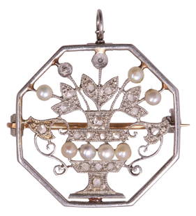 ESTATE TIFFANY & CO PLATINUM & 14KT PENDANT BROOCH: Estate platinum (tested) pendant brooch, octagonal frame, Neoclassical urn filled with flowers, set with small diamonds and pearls, 14kt rose gold (tested) pin bar marked Tiffany & Co, lacking (two)