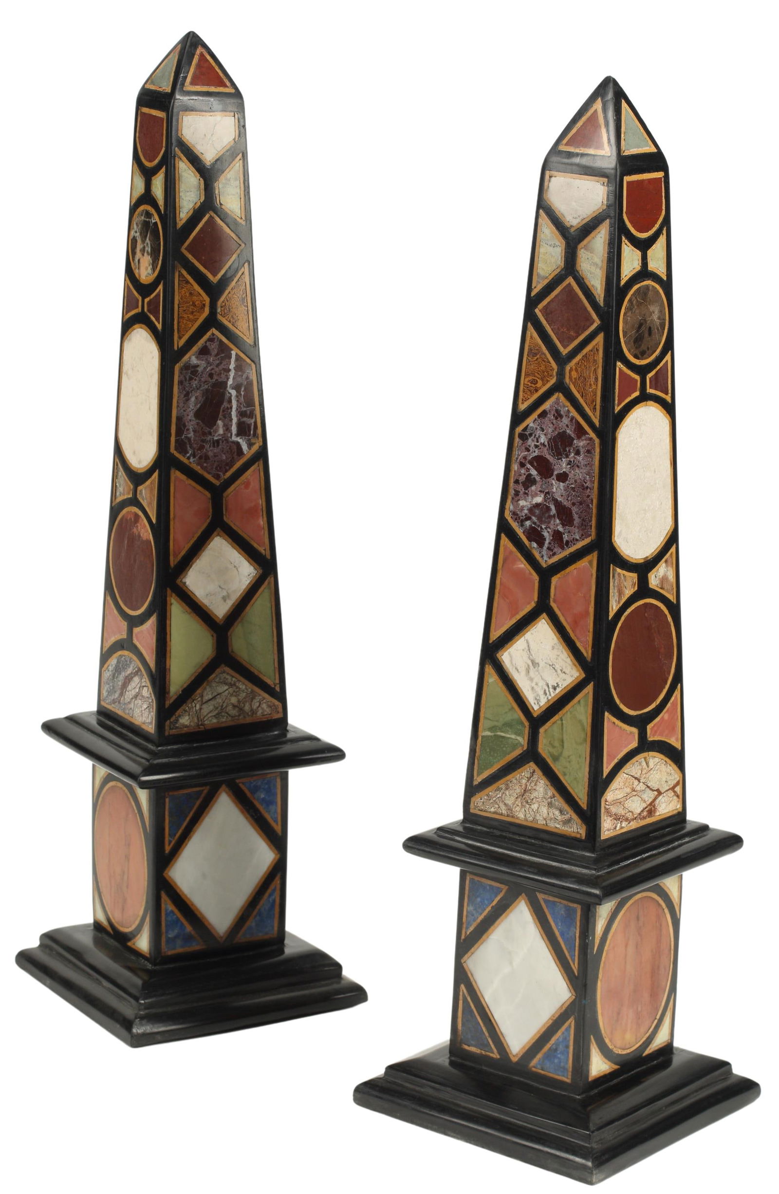 (2) SPECIMEN MARBLE INLAID OBELISKS, 22"H (1 of 4)