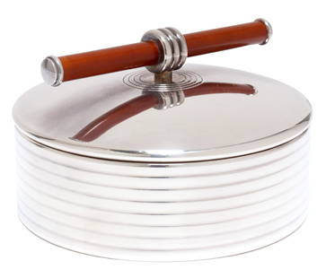 CHRISTOFLE SILVERPLATE & LACQUERED 'TALISMAN' BOX: Christofle silverplate "Talisman" lidded box, France, lacquered top handle, marked at lid side "Laque de Chine," over ribbed body, hallmarked underfoot, approx 2 5/8"h, 4"diam, lbs**Provenance: A prom