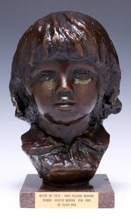 AFTER RENOIR (D.1919) BRONZE 'BUST OF COCO': Patinated bronze sculpture, "Buste de Coco," signed in cast after the original by Pierre-Auguste Renoir (French, 1841-1919), numbered 13/ 20 AP (artist's proof), stamped HHFA (Hoka-Hey Fine Arts found
