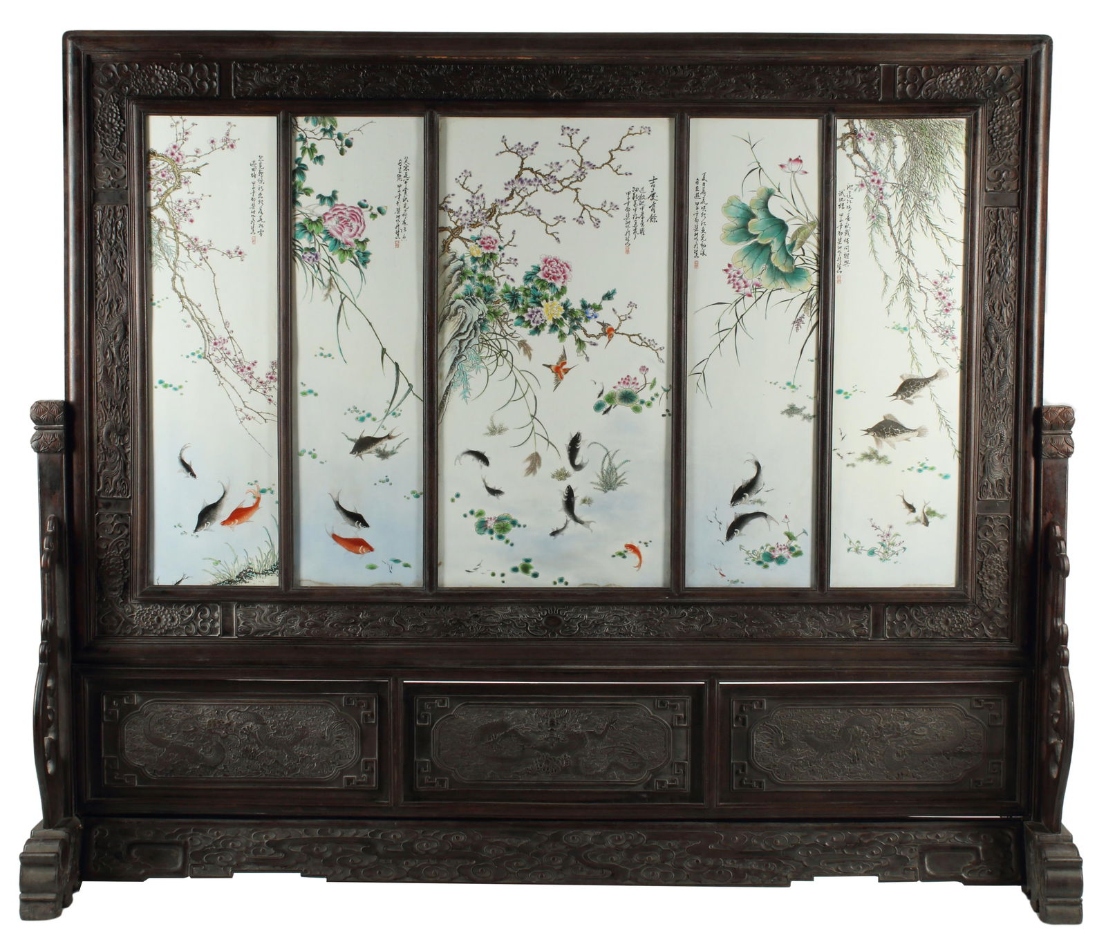 MONUMENTAL CHINESE FIVE PANEL FLOOR SCREEN, 81"H (1 of 7)