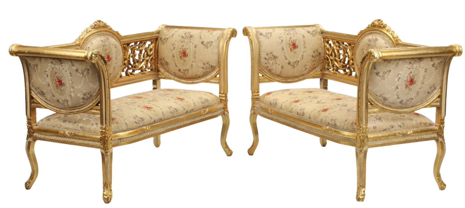 (2) LOUIS XV STYLE PARCEL GILT UPHOLSTERED SETTEES: (pair) Louis XV style parcel gilt and painted settees, in floral patterned upholstery, with ribbon trim, rising on cabriole legs, ending on whorl feet, approx 37.5"h, 60"w, 24"d, seat height: 17"h Sta