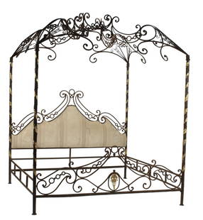 PARCEL GILT SCROLLED WROUGHT IRON CANOPY BED: Parcel gilt wrought iron canopy tester bed, with scrolled frame, exterior: approx 105"h, 85"l, 83.5"w (to flat feet), interior: approx 82"l, 80.5"w total Start Price: $600.00