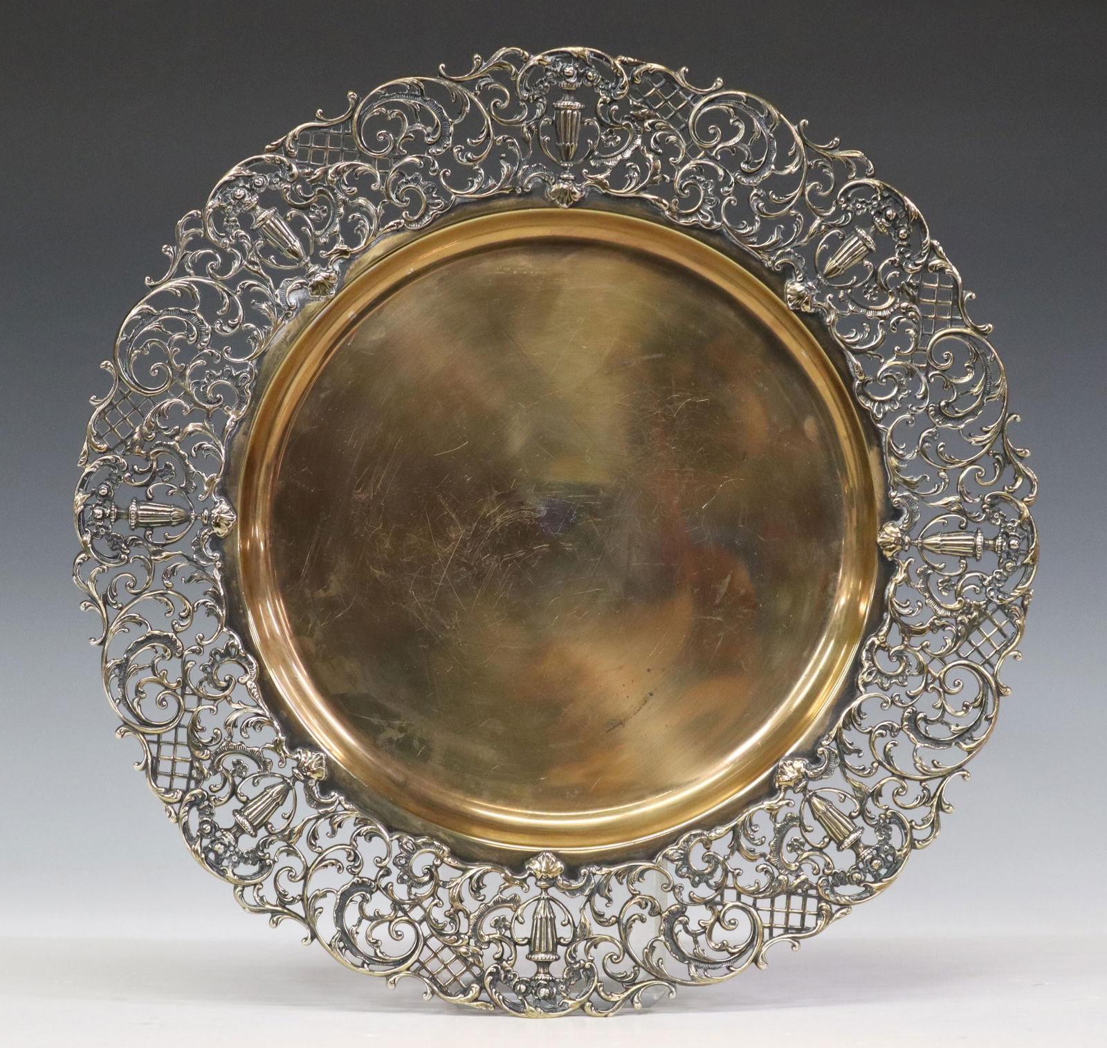 SHREVE & CO. SILVER GILT PIERCED 15" ROUND TRAY (1 of 3)