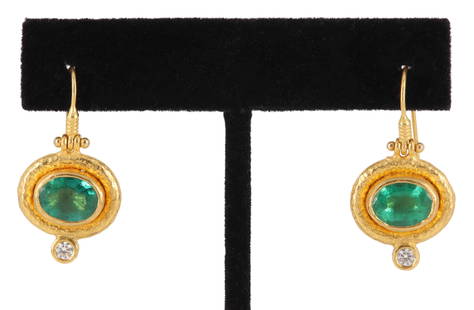 ESTATE ARA COLLECTION 985 GOLD EMERALD EARRINGS: (pair) Estate 985 yellow gold earrings, ARA Collection, oval cut emeralds, approx 4.80cttw, small diamond drops, approx 0.31cttw, average color: H-I, average clarity: SI1-SI2, on ear wire for pierced