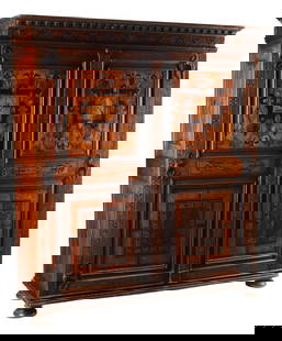 CONTINENTAL PANELED & MARQUETRY INLAID ARMOIRE: Antique Continental paneled two-door armoire, with marquetry inlay, rising on bun feet, approx 78.5"h, 71"w, 26"d Start Price: $1000.00