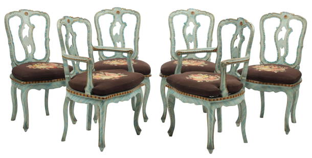 (6) ITALIAN PAINTED CHAIRS WITH NEEDLEPOINT SEATS: (lot of 6) Italian painted chairs, with later cane seats and needlepoint seat cushions, pierced back splat, rising on cabriole legs, including: (2) armchairs, approx 36"h, 23.5"w, 19"d; (4) side chair