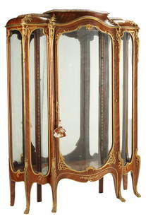 FRANCOIS LINKE ORMOLU-MOUNTED VITRINE CABINET: Spectacular French Louis XV style ormolu-mounted vitrine, signed F. Linke (Francois Linke, French, 1855-1946), c.1900, marble top, over four shelves, approx 79"h, 57.5"w, 15"d Start Price: $10,000.00