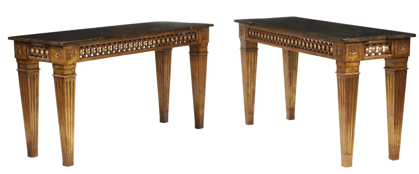 (2) NEOCLASSICAL STYLE GILT CONSOLE TABLES: (pair) Neoclassical style gilt console tables, carved and pierced apron with bronze mounts, on tapering square fluted legs, approx 34"h, 52"w, 22"d Start Price: $800.00