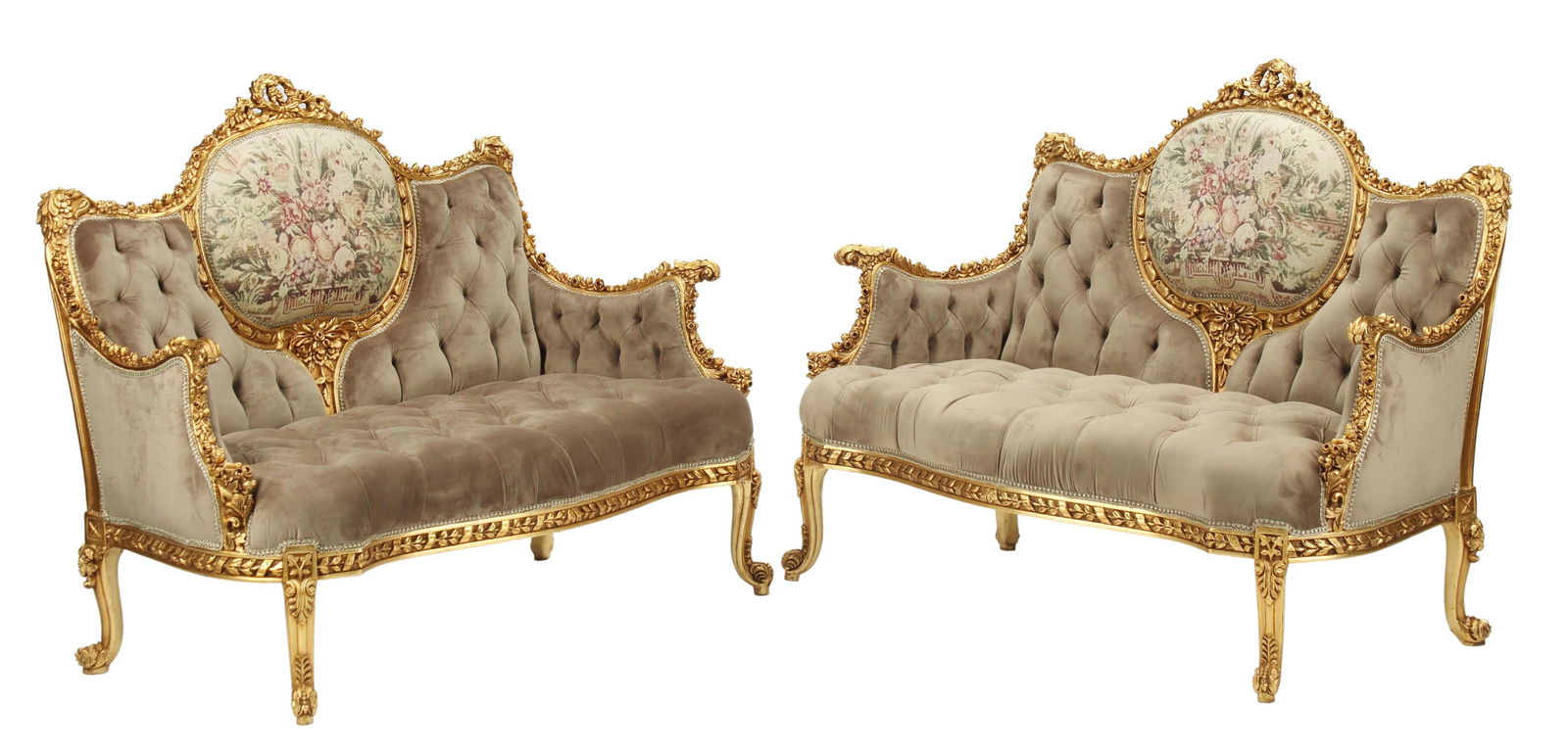 (2) LOUIS XV STYLE GILT & BUTTON TUFTED SETTEES: (pair) Louis XV style gilt and upholstered settees, each with molded frame, in button tufted fabric upholstery, rising on cabriole legs, ending on whorl feet, approx 41"h, 50"w, 27"d Start Price: $800