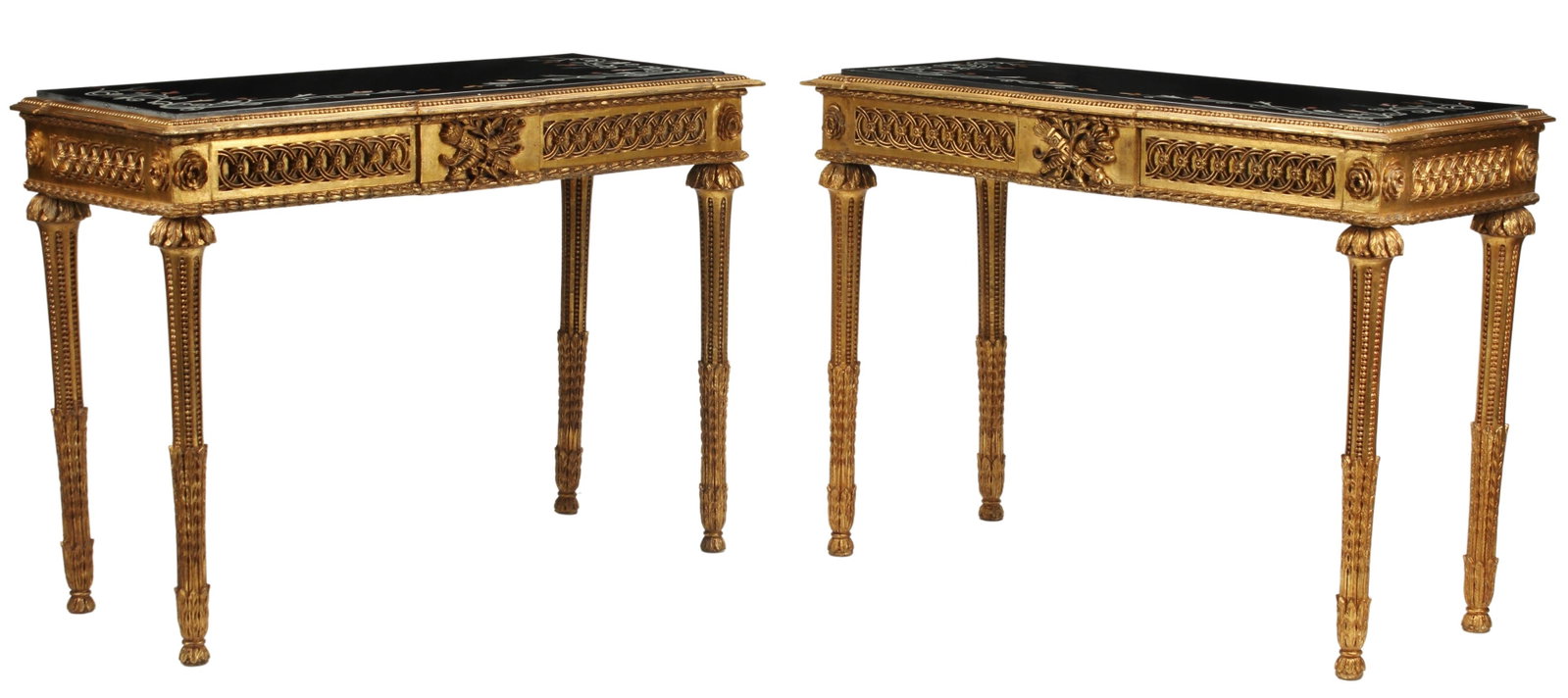 (2) LOUIS XVI STYLE PIETRA DURA TOP GILT CONSOLES: (pair) Louis XVI style gilt consoles, pietra dura top with vining floral motif, crossed torch and quiver of arrows at apron, on tapering fluted legs, both tops intact with restorations, approx 35"h, 4