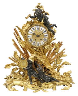 FINE FRENCH ORMOLU PENDULE A LA GLOIRE DU ROI: French bronze dore et patine mantel clock, after the model by Edme Jean Gallien (1720-1797), trumpeter putto surmounting the gilt dial, enameled cartouches with Roman numeral hour markers, time-and-st