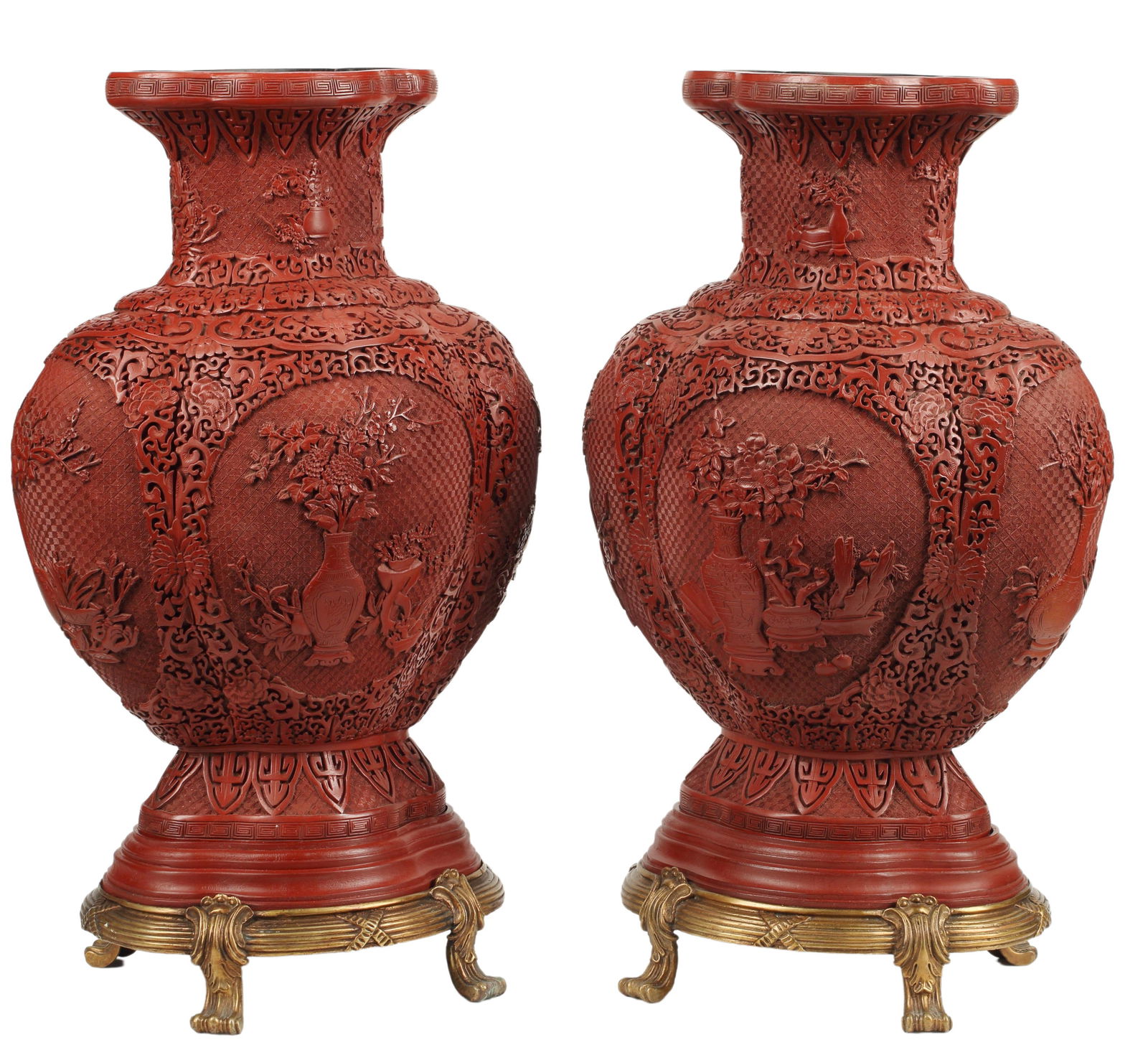 (2) CHINESE CINNABAR STYLE VASES ON BRONZE STANDS (1 of 5)