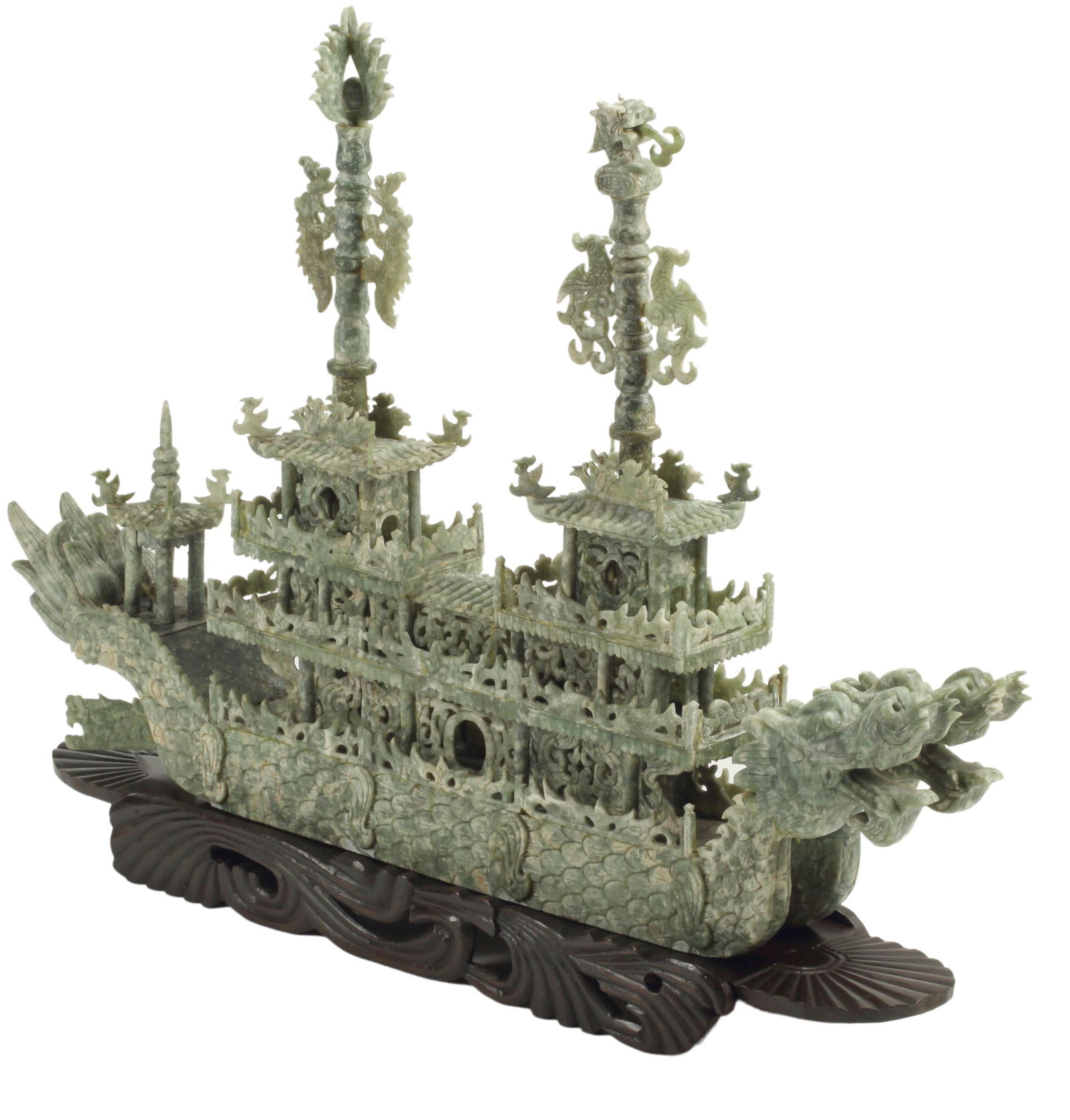 LARGE CHINESE CARVED HARDSTONE MODEL DRAGON BOAT (1 of 3)