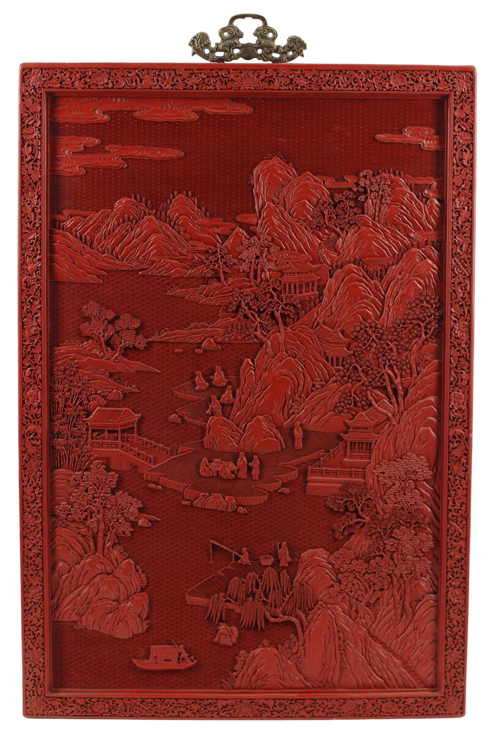 LARGE CHINESE CINNABAR STYLE LANDSCAPE WALL PANEL (1 of 3)