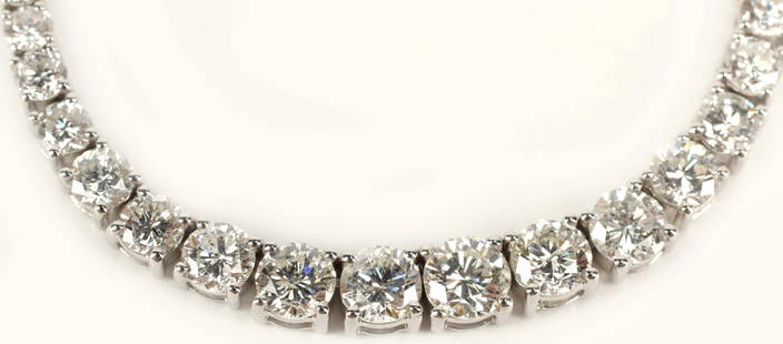 ESTATE 14KT WG GRADUATED DIAMOND NECKLACE 10.5CTTW: Estate 14kt white gold and graduated diamond necklace, approx 10.50cttw, average color: G-H, average clarity: I1-I2, clasp hallmarked 14K, safety catch, approx 16.75"l, 17.1 grams (inclusive of all ma