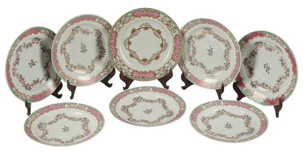 (8) CHINESE EXPORT STYLE PORCELAIN PLATES: (lot of 8) French porcelain plates, in the Chinese Export taste, similarly styled, (two) bearing mark possibly for Edme Samson of Paris, (one) marked made in France, (five) unmarked, (two) intact with