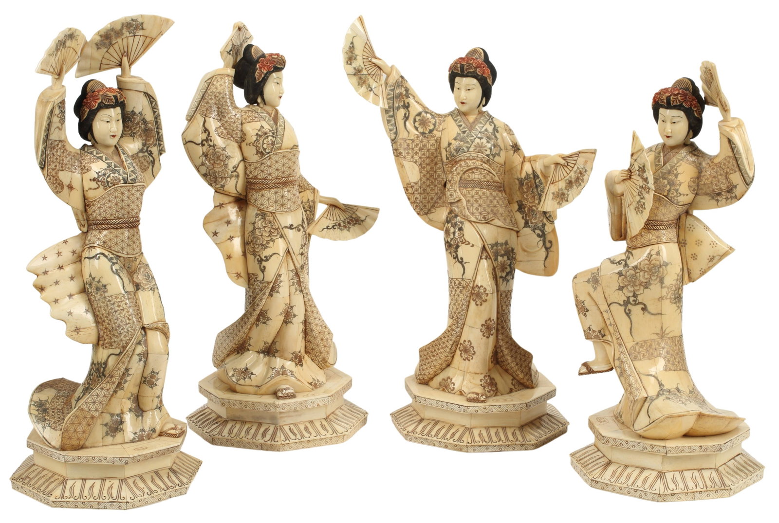 (4) ASIAN CARVED BONE TILED FIGURES DANCERS & FANS: (lot of 4) Asian carved bone tiled figures of dancers with fans, each on integral stepped base, largest: approx 19"h, 8"w, 8"d, 21lbs total Start Price: $600.00