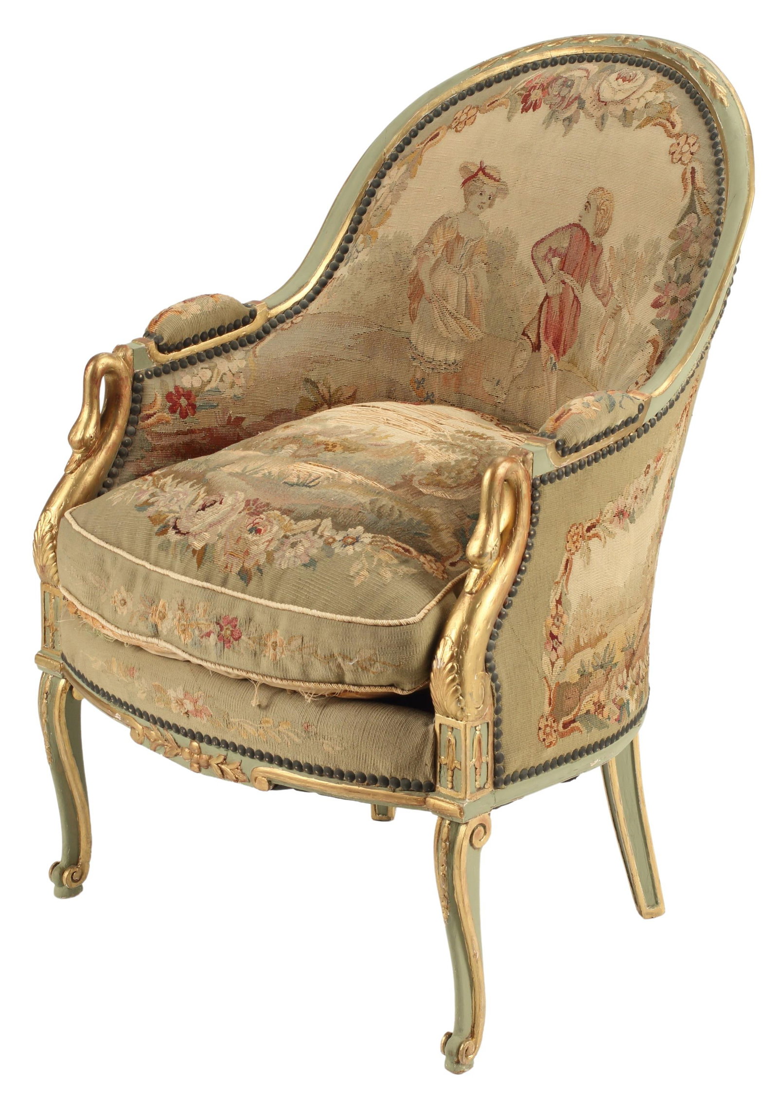 EMPIRE STYLE PARCEL GILT PAINTED TAPESTRY BERGERE: Empire style parcel gilt and painted bergere, with worn tapestry upholstery, nailhead trim, rising on cabriole legs, ending on whorl feet, approx 37"h, 23"w, 27"d Start Price: $300.00