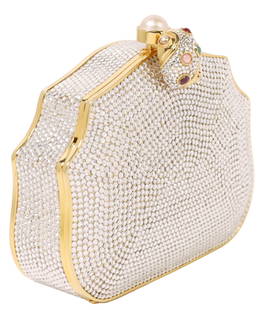 JUDITH LEIBER DESIGNER CRYSTAL SNAIL CLASP CLUTCH: Designer crystal-embellished minaudiere clutch, Judith Leiber, shaped frame, snail-form clasp with colored cabochons, faux pearl top button, gold tone metal shoulder strap, accompanied by chain, coin