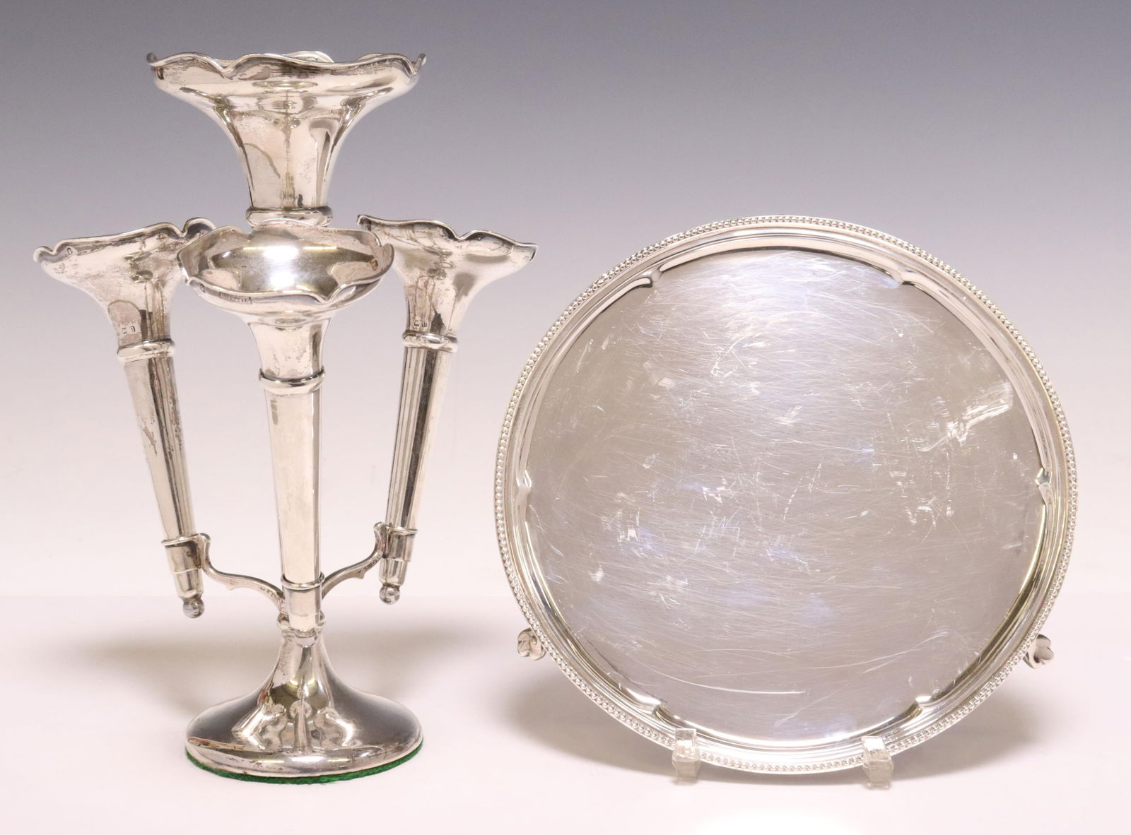 (2) ENGLISH STERLING SALVER & WEIGHTED EPERGNE: (lot of 2) English George V sterling silver table articles, including: (1) small salver/ card tray, Roberts and Belk, c.1930, beaded rim, on three paw feet, Sheffield hallmarks, approx 5 7/8"diam, 4.5