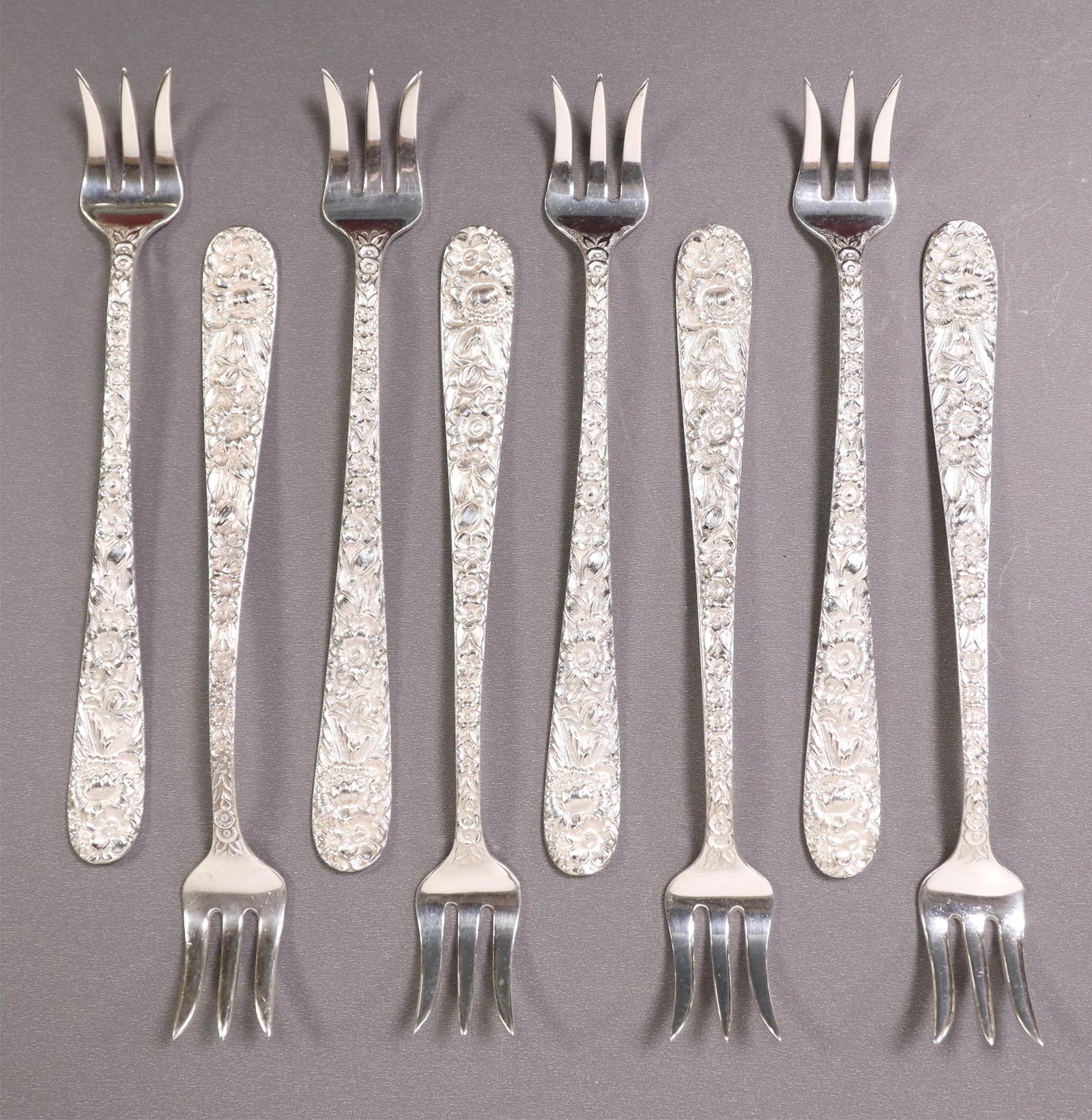 (8) S. KIRK & SON REPOUSSE STERLING OYSTER FORKS (1 of 3)