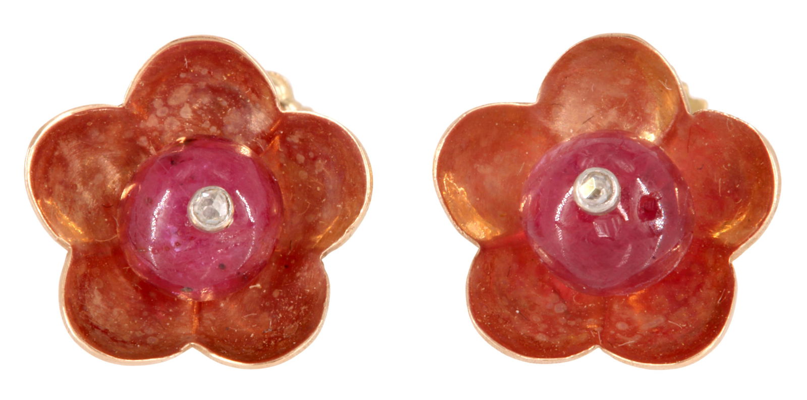 ESTATE RETRO 14K GOLD RUBY DIAMOND FLOWER EARRINGS (1 of 5)