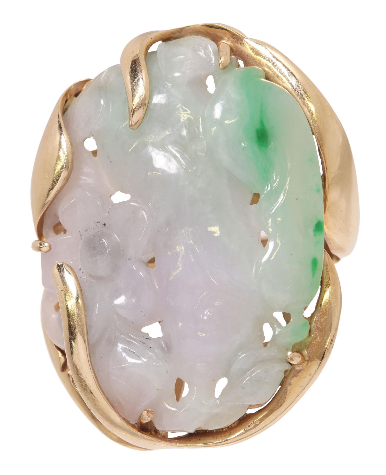 ESTATE 14KT GOLD & FLORAL CARVED JADE PLAQUE RING (1 of 4)