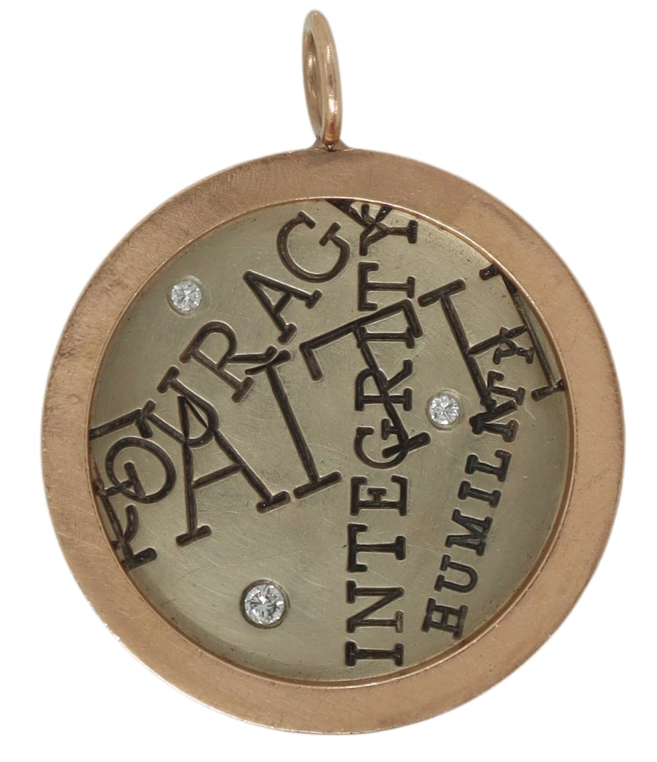 DESIGNER HEATHER B. MOORE DIAMOND FAITH PENDANT: Estate 14kt gold (tested) and sterling silver pendant, Heather B. Moore, circular disc stamped "courage, faith, integrity, humility," accented with three small diamonds, approx 0.17cttw, average color