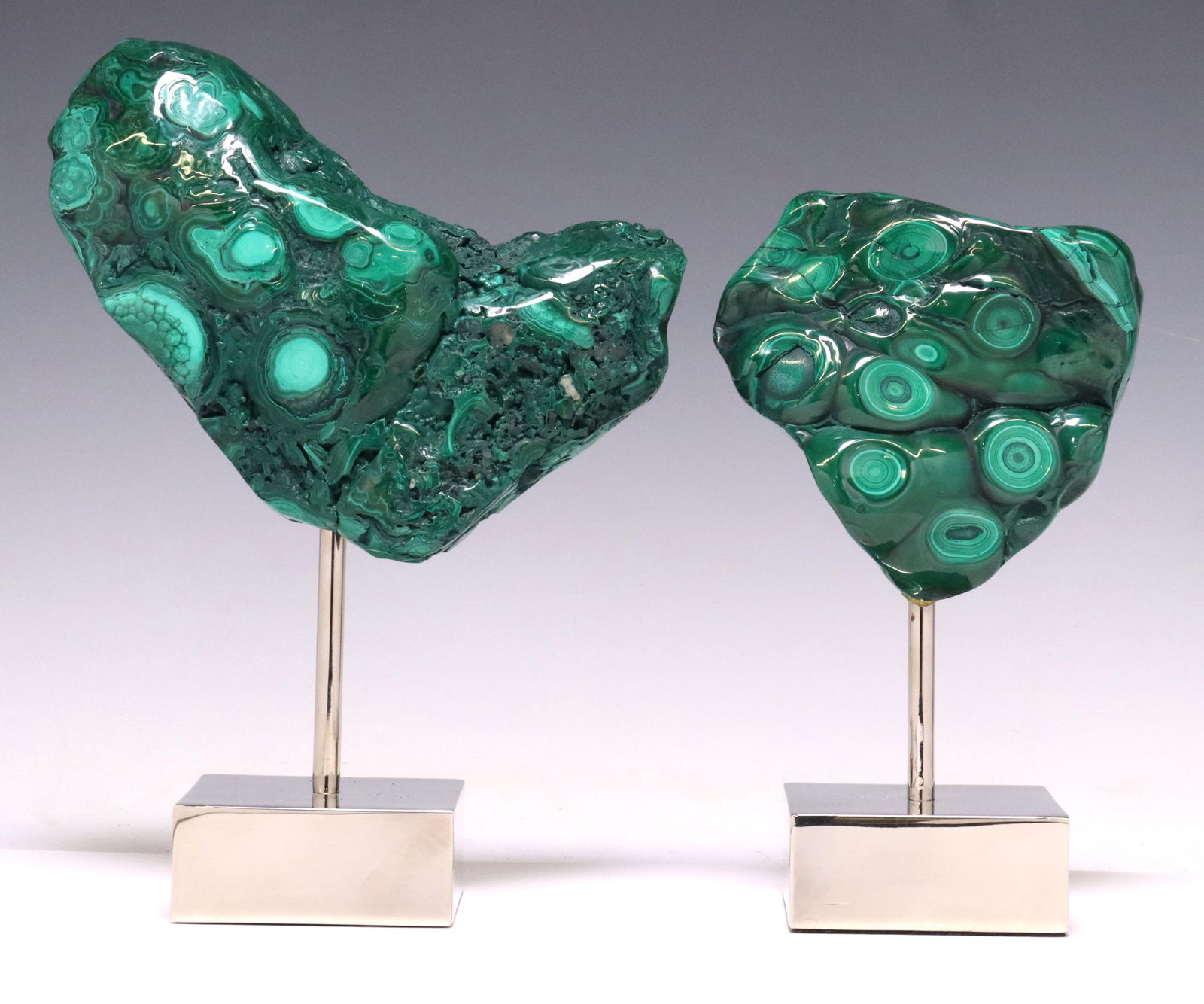 (2) MALACHITE GEOLOGICAL SPECIMENS ON NICKEL BASES (1 of 4)