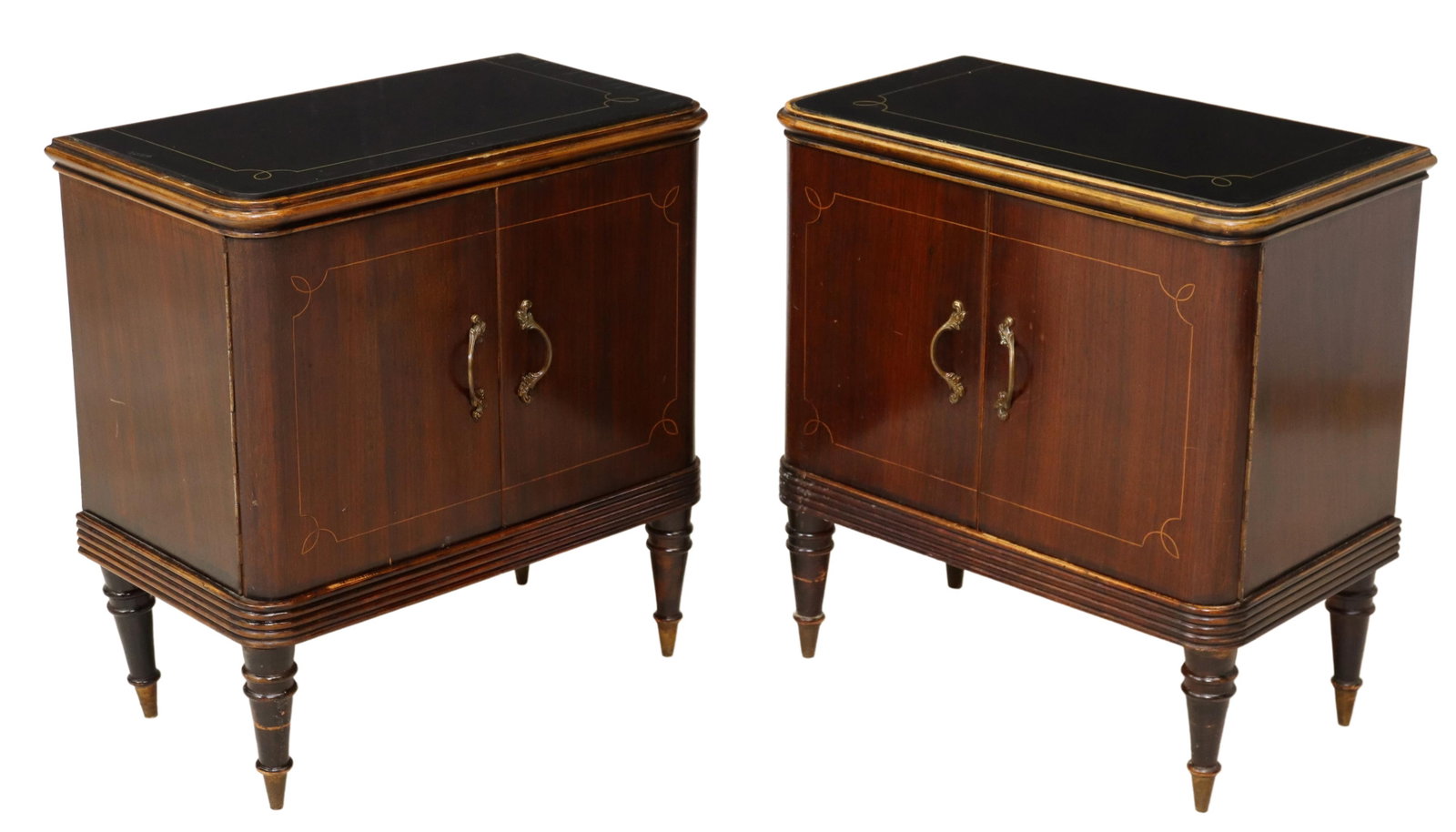 (2) ITALIAN MID-CENTURY MODERN NIGHTSTANDS: (lot of 2) Italian mid-century modern bedside cabinets, c. 1950s, case with inset reverse-painted glass top, over double-door cabinet with string inlay, rising on tapered legs, approx 24"h, 23"w, 13.2
