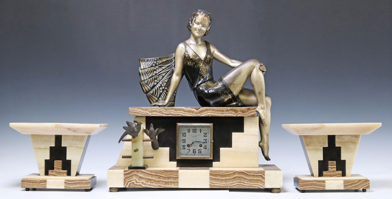 (3) ART DECO FIGURAL MANTEL CLOCK & GARNITURES (1 of 10)