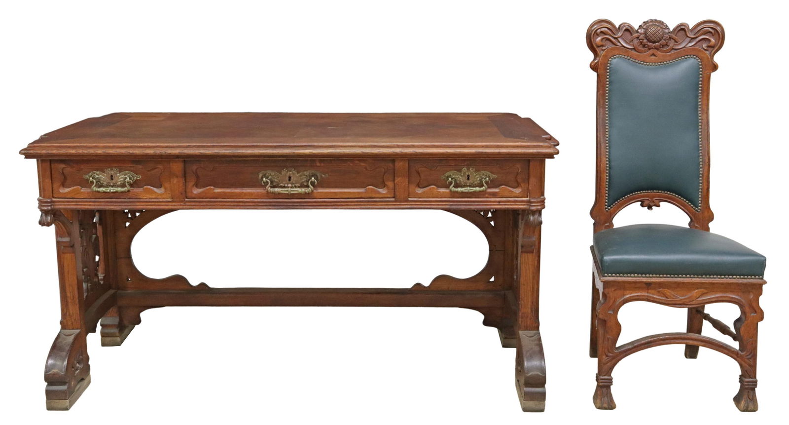 (2) ART NOUVEAU CARVED OAK WRITING DESK & CHAIR (1 of 7)