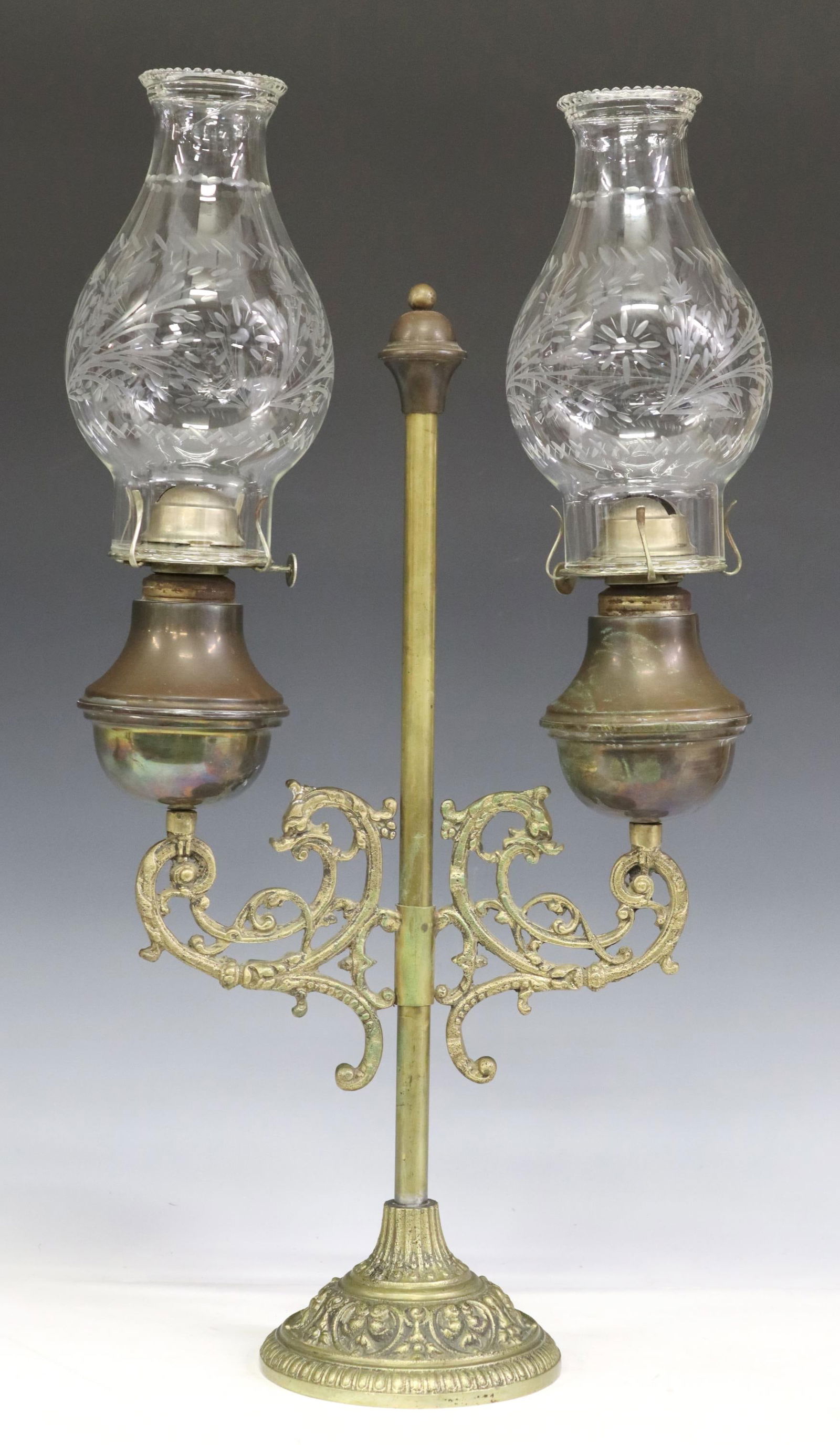 VICTORIAN GILT METAL DOUBLE-ARM STUDENT OIL LAMP (1 of 5)