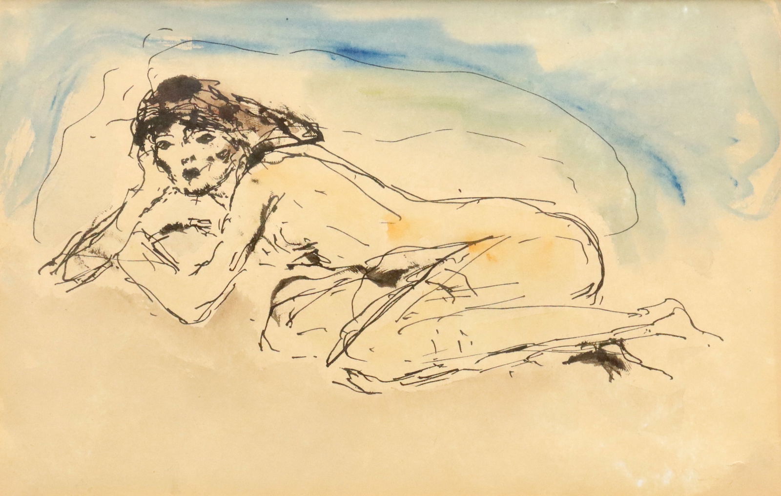 ARTURO SOUTO (1902-1964) INK & W/C RECLINING NUDE: Framed ink and watercolor painting on paper, Reclining Nude, signed verso Arturo Souto (Spanish, 1902-1964), sight: approx 5.25"h, 8.25"w, overall: 14"h, 16"w, 2lbs Start Price: $80.00