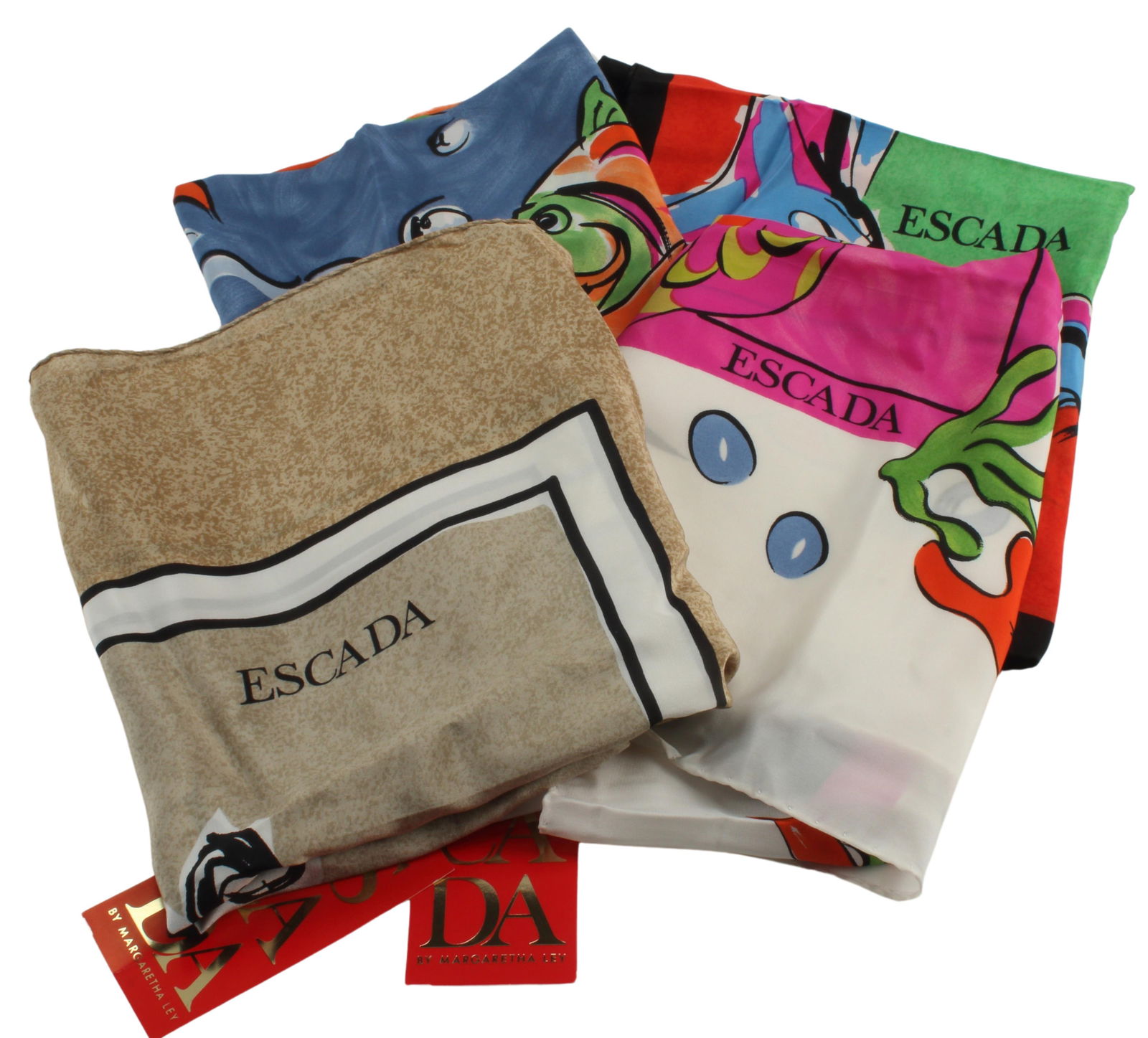 (4) ESCADA DESIGNER SILK SCARVES, ANIMAL MOTIFS: (lot of 4) Estate designer silk scarves, Escada by Margaretha Ley, varied designs, all retaining care labels, including: (2) having central zebra, (2) with sea creature motifs, approx 34"sq,