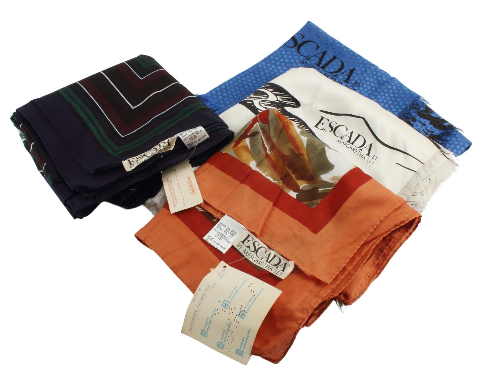 (4) ESCADA DESIGNER SILK & COTTON SCARVES: (lot of 4) Estate designer scarves, Escada by Margaretha Ley, varied designs, all retaining care labels, including: (2) silk scarves, each with animal motifs, (2) cotton scarves, with abstract floral