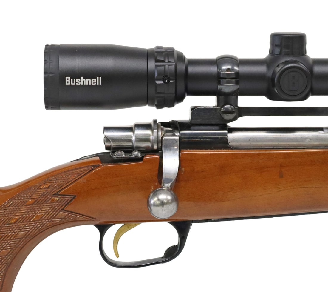 PARKER-HALE .270WIN CALIBER RIFLE, MONTE CARLO STK: Parker-Hale Mauser bolt action rifle, .270 Win. caliber, 24.5" barrel, ramp front sight with blade removed, adjustable rear sight, mounted Bushnell Banner 2 scope, slide safety at right bolt end, gilt