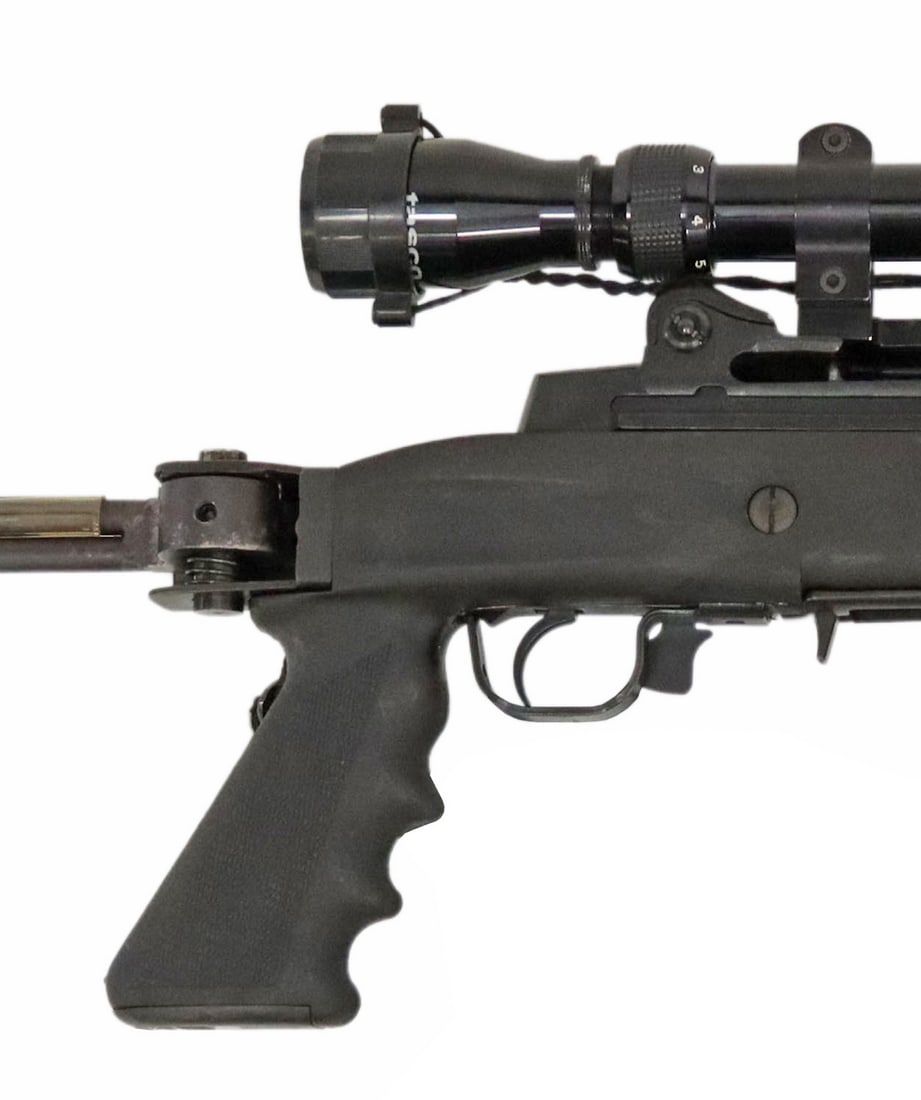 RUGER MINI 14 .223 RIFLE: Ruger Mini 14 rifle, auto load, .223 caliber, 18"barrel, fixed front sight, mounted Tasco 3-9X-32 scope, synthetic forestock, folding rear stock, black cloth sling, comes with three magazines and orig