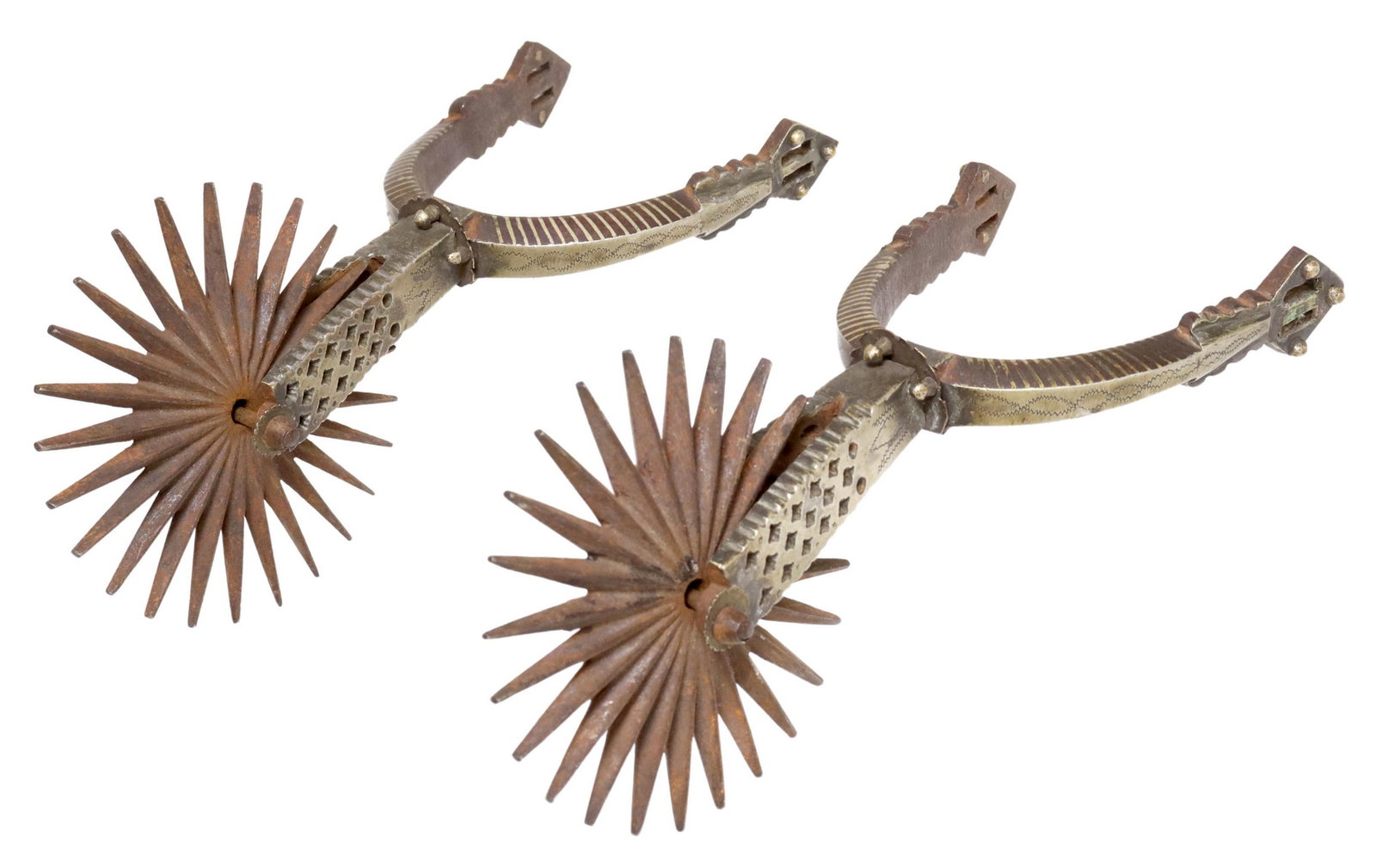 (PAIR) COWBOY GAUCHO SILVER OVERLAY SPURS: (pair) Cowboy Gaucho spurs, early 1900's, silver overaly with pierced geometric decoration on the shank and foliate running engraving on the heel band, large 24 point 3.75" rowels, for shipping total