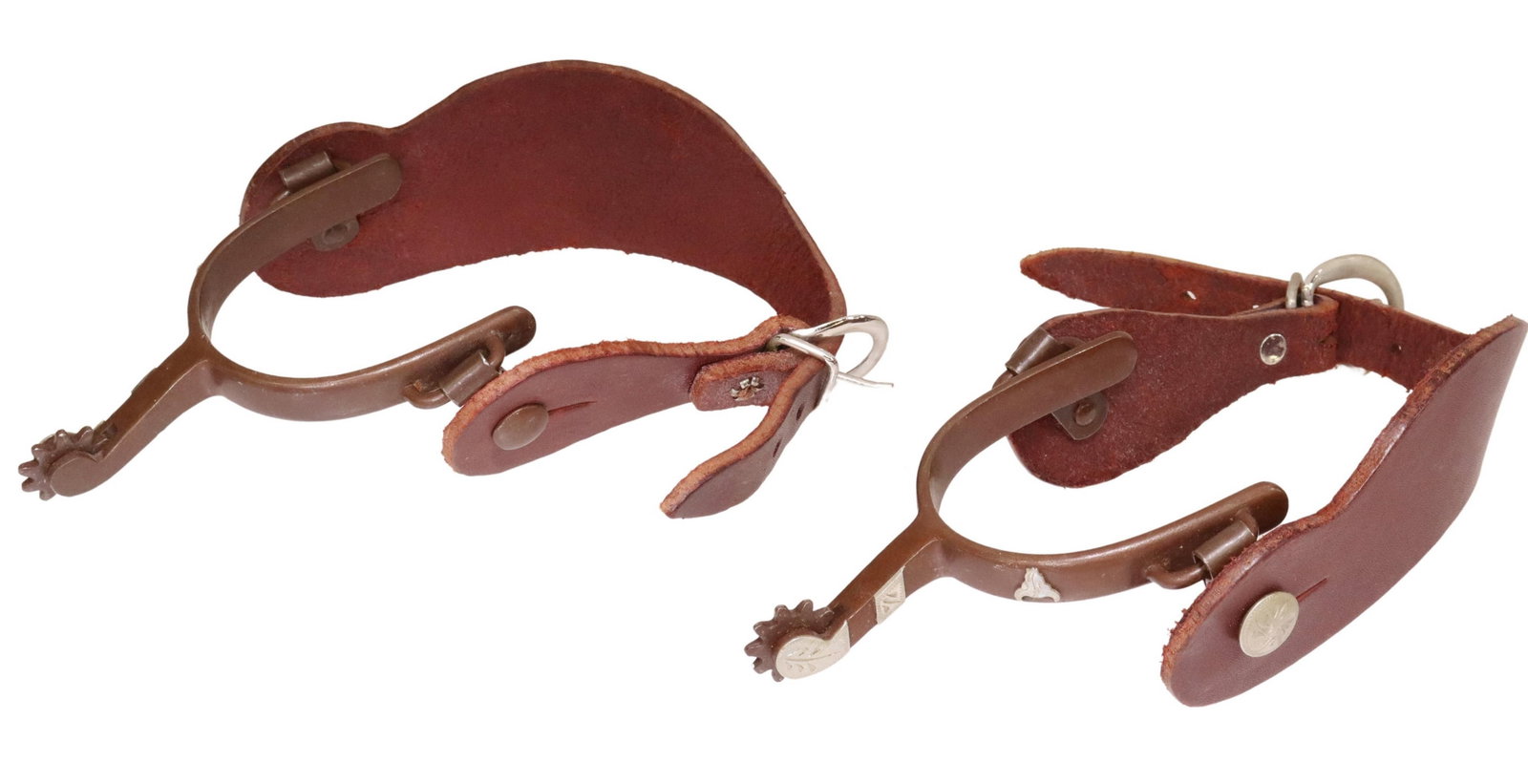 (PAIR) COWBOY SPURS, BUFFALO HEAD DECORATION: (pair) Cowboy Spurs, silver tone mounted bison head, and some shank decoration, silver tone leather buttons, brown leathers, for shipping total .80lbs Start Price: $80.00