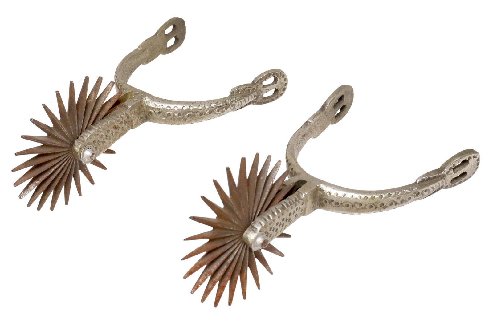 (PAIR) GAUCHO SPURS, SILVER TONE, LARGE ROWELS: (pair) Early 1900's Gaucho silver tone spurs with geometric and scrolled designs, 24 point 3.5" rowels, total for shipping 1.50lbs Start Price: $80.00
