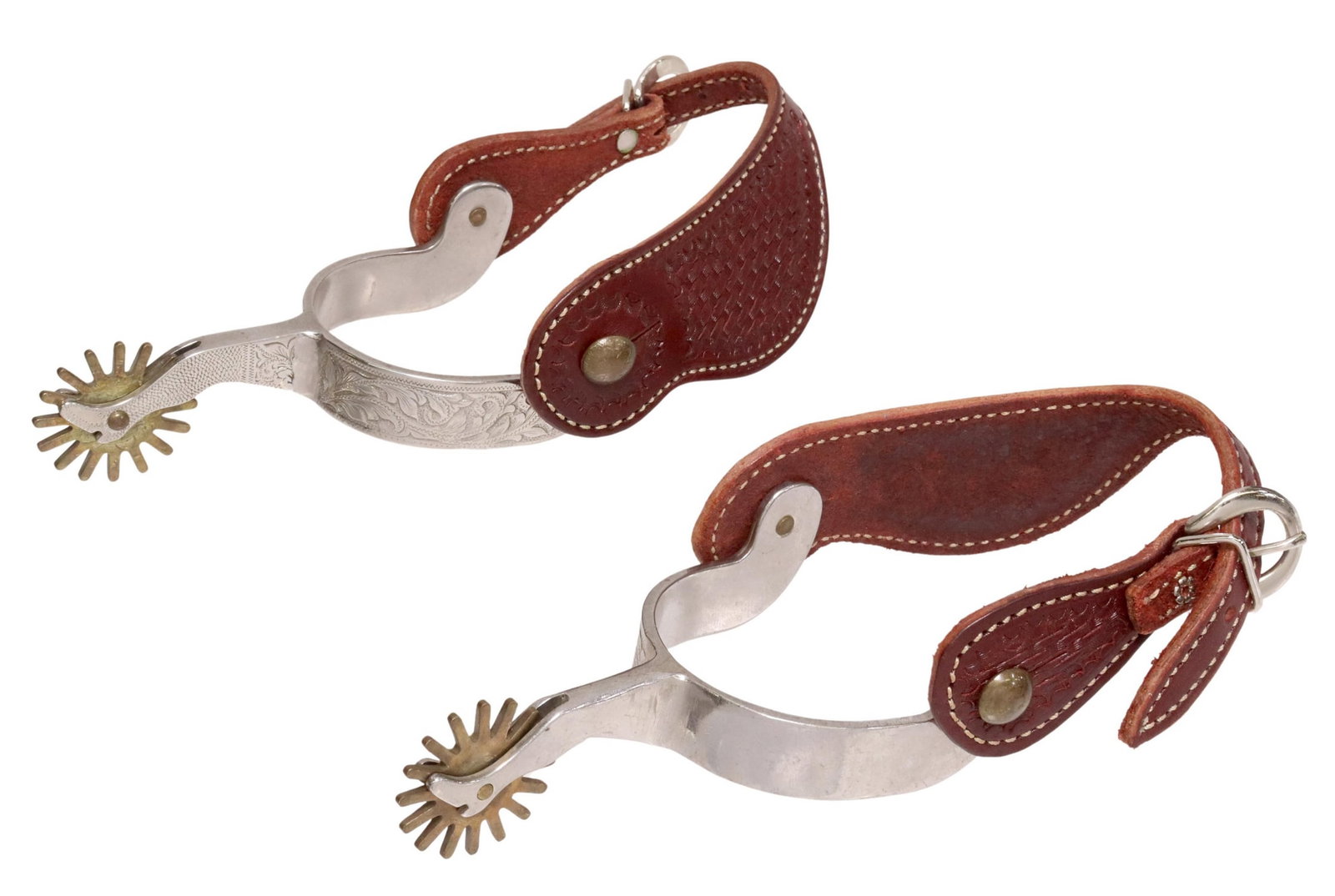 (PAIR)COWBOY SPURS SILVER TONE & FOLIATE ENGRAVING: (pair) foliate Cowboy Spurs, silver tone finish engraving, 16 point brass 1.75" rowels, stitched basket weave pattern leathers, total for shipping 1.30lbs Start Price: $60.00