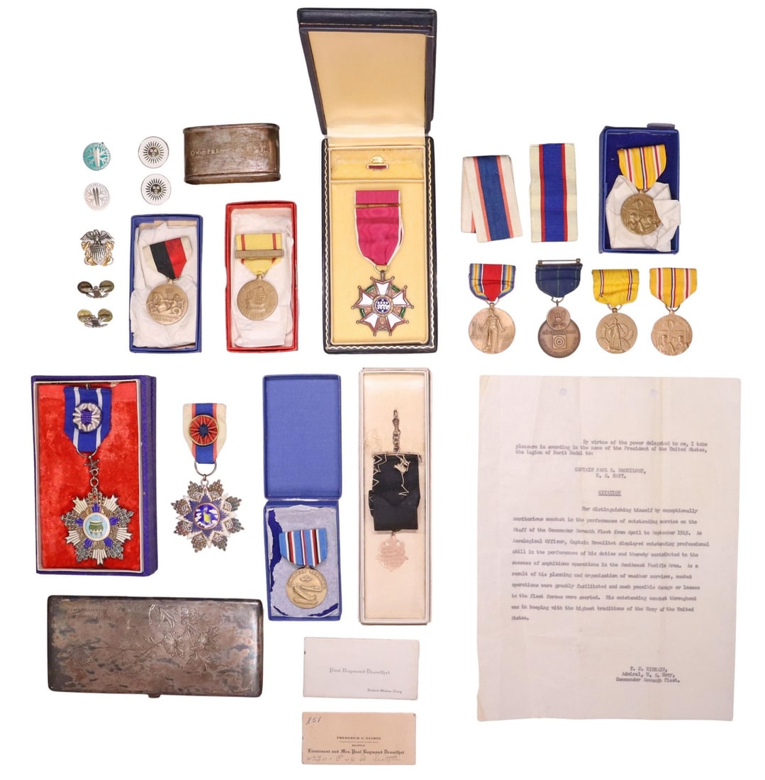 USN CAPTAIN'S WWII MEDALS & CITATION: (lot) Archive items of Captain Paul R. Drouilhetm (Texas, Oklahoma, 1906-1993), U.S. Navy, WWII, Korea, medals include the Legion of Merit together with a typed carbon copy of the Citation regarding h