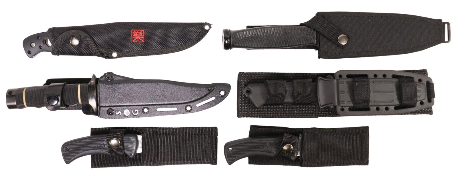 (6) FIXED BLADE KNIVES IMPERIAL, SOG, FURY, MORE: (lot of 6) Fixed blade knives, unused and not sharpened, most well lubricated: (1) Imperial, 3" drop point blade, 7.25" overall, black handle, black nylon sheath; (1) Imperial, 3" partially serrated m