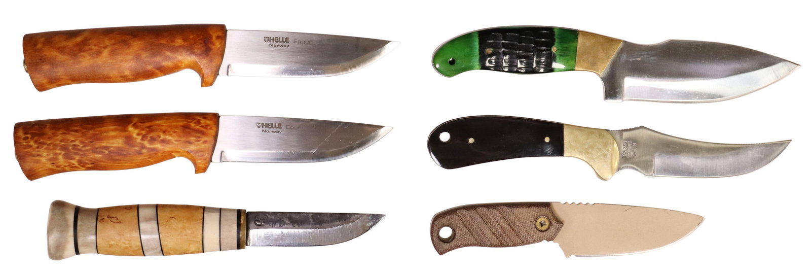 (6) FIXED BLADE KNIVES HELLE, TOPS, MORE: (lot of 6) Fixed blade knives, unused and not sharpened, most well lubricated: (2) Helle Eggen, 4" drop point blades, 8.5" overall, birch wood handles; (1) Tops Baja 3.0 U-902, 1095 carbon steel blade
