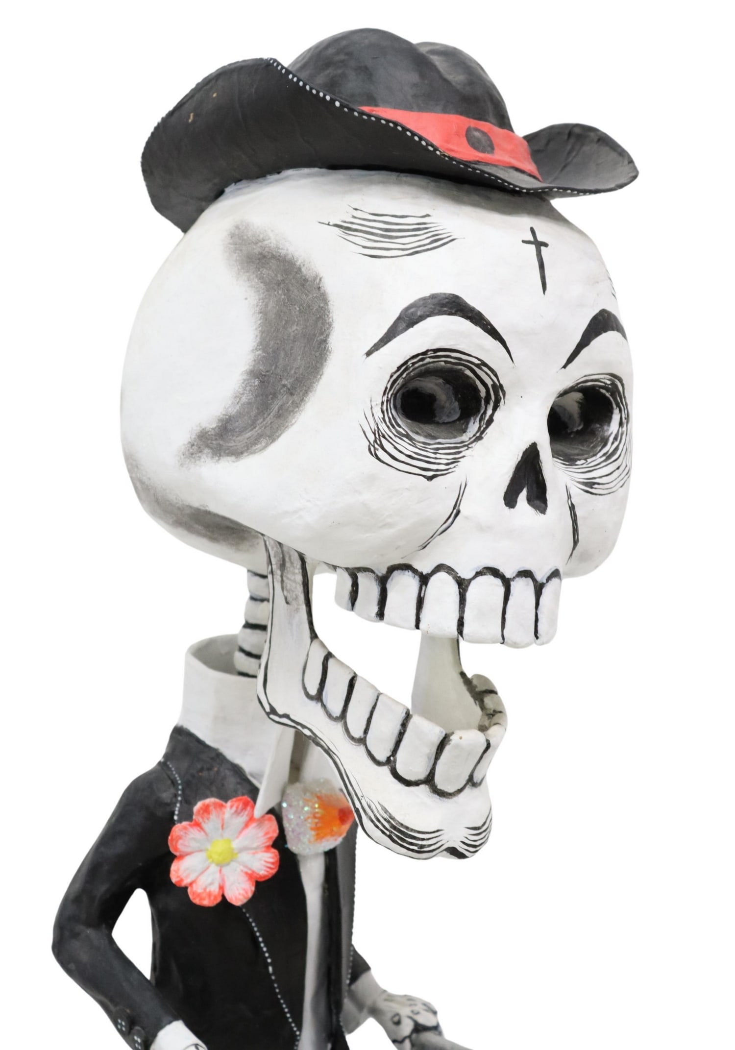 FELIPE LINARES (B.1936) PAPIER-MACHE SKELETON BIKE: Folk art painted cartoneria (papier-mache) calavera sculpture, Felipe Linares (Mexican, b.1936), "Catrin" skeleton wearing hat and tailcoat, riding a penny-farthing bicycle, approx 40.5"h, 28.5"l Star